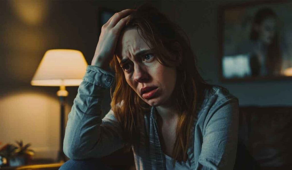 A woman sits in a dimly lit room, holding her head with a distressed expression on her face. A lamp can be seen in the background.