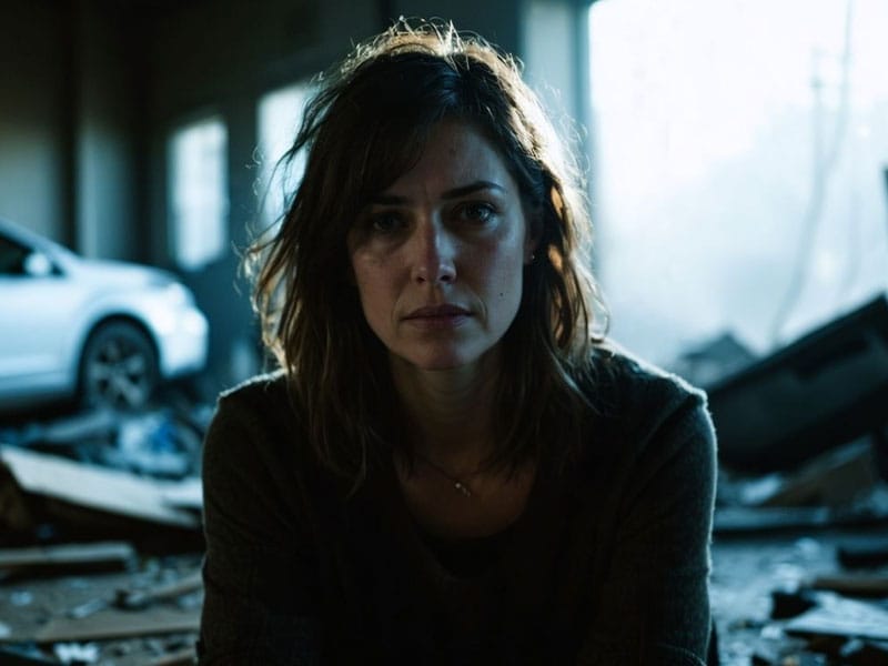 A woman with shoulder-length hair sits indoors in a dimly lit, cluttered setting with a car visible in the background. She is dealing with PTSD after a car accident.