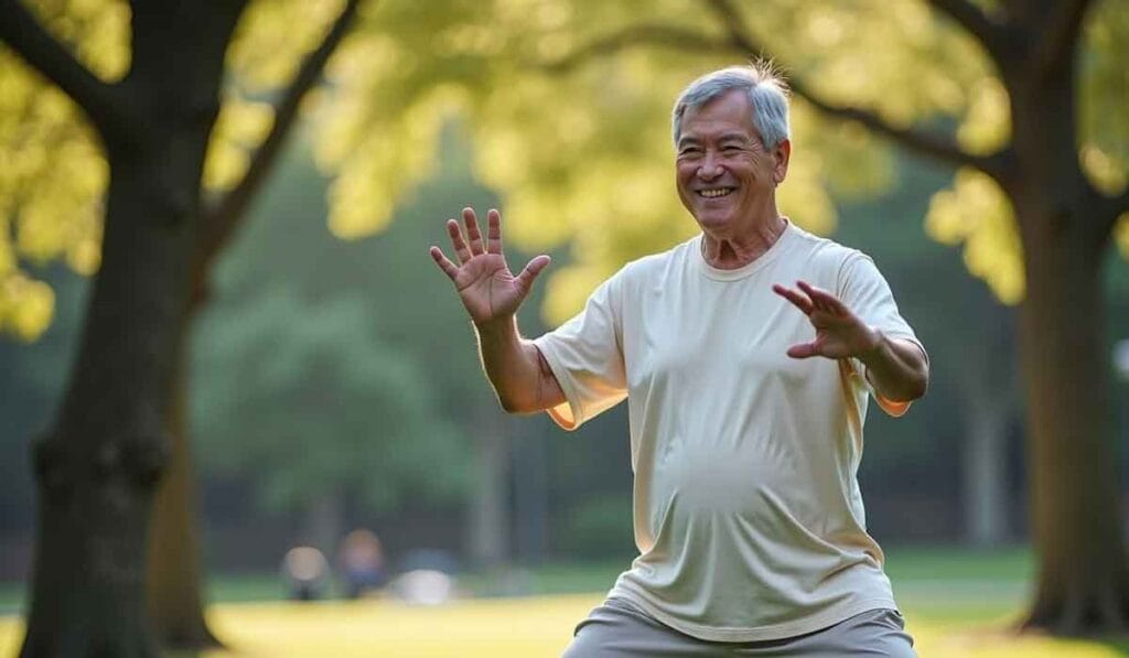 An elderly man practices Tai Chi in a park, wearing a light-colored shirt and standing with arms raised, surrounded by trees in the background.