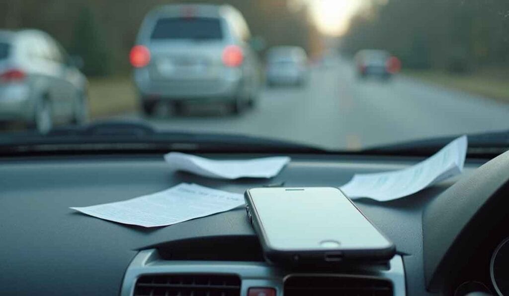 A smartphone and scattered papers are on a car dashboard while vehicles are visible on the road ahead.