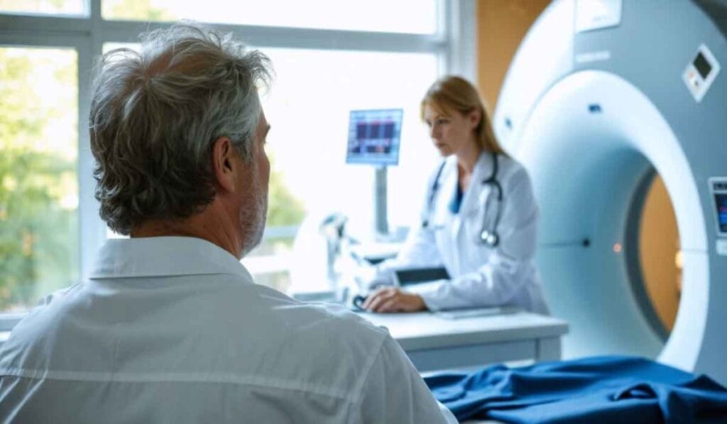 A doctor operates a medical imaging machine while a patient sits nearby in a clinical setting.