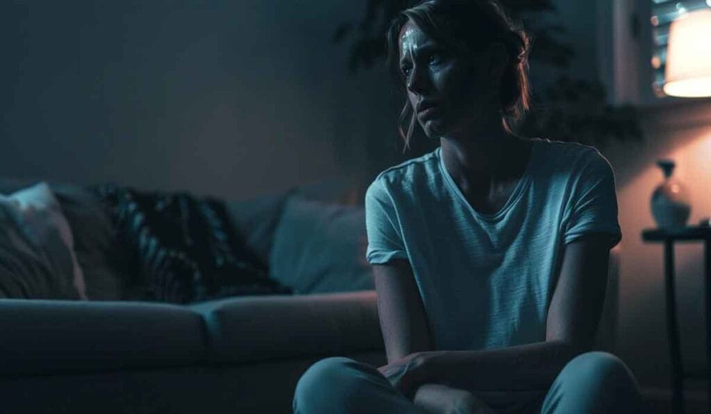 A person in a white shirt sits on the floor in a dimly lit room, looking concerned. Nearby, a sofa is visible along with a side table and lamp.