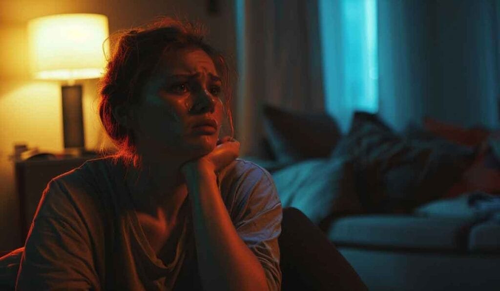 A person sits in a dimly lit room, resting their head on their hand, looking distressed. The room is lit by a lamp and a blue light from outside.