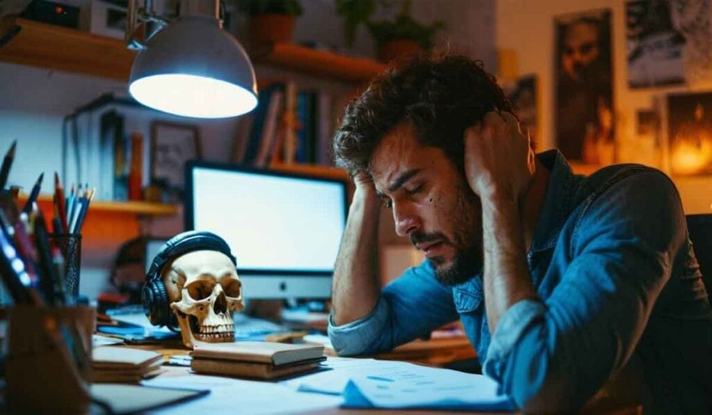 A person sits at a cluttered desk with hands on head, appearing stressed. A skull with headphones is on the desk under a lamp, and a computer screen is in the background.