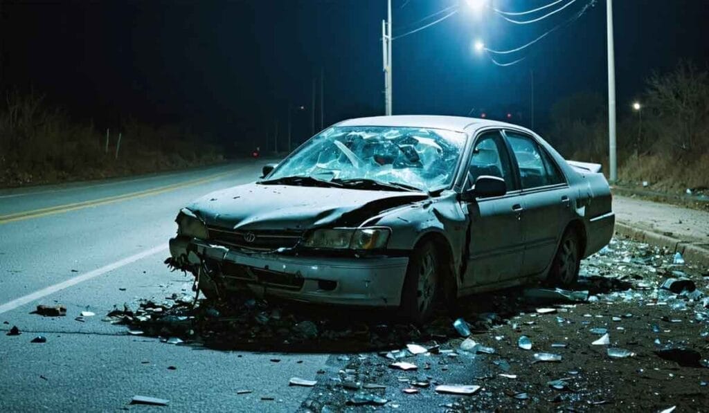 A damaged car is abandoned on the side of a dimly lit road at night, with shattered glass and debris scattered around. The vehicle's front end is heavily wrecked.