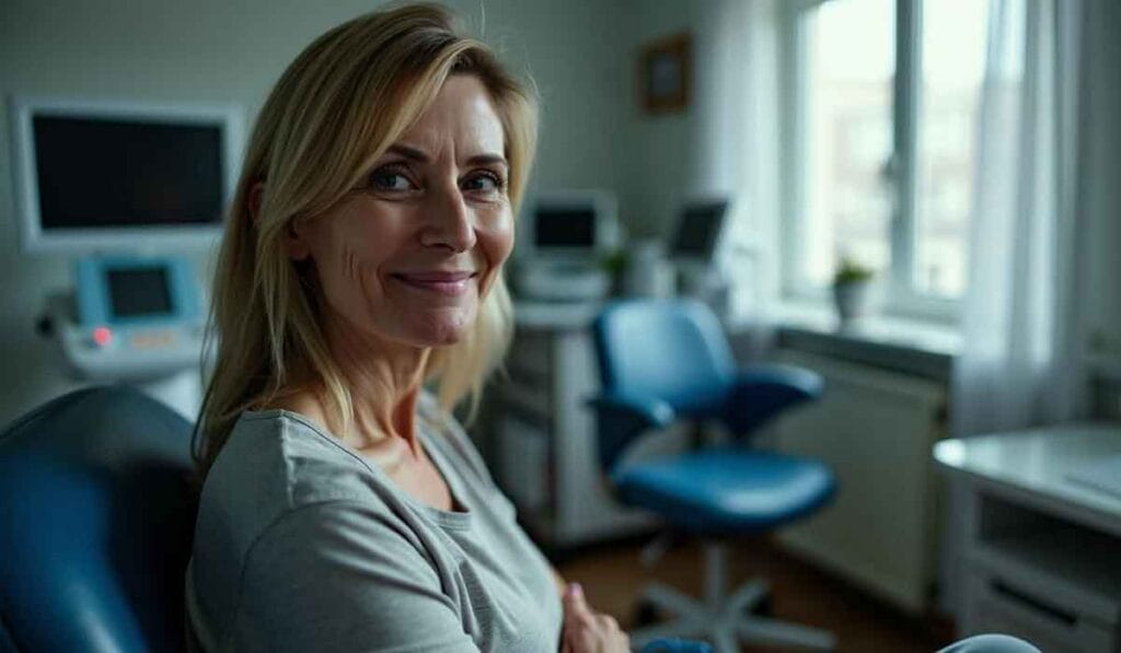 A woman with blonde hair is seated in a medical office, smiling at the camera. Medical equipment and chairs are visible in the background.