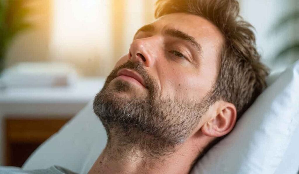 A man with short brown hair and a beard lies on a white pillow, looking up with a contemplative expression as sunlight illuminates the background.