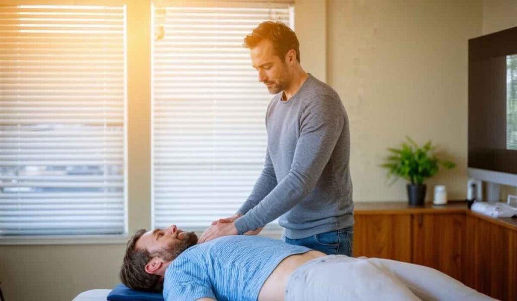 A therapist is performing a treatment on a patient lying on a table in a brightly lit room with blinds and plants.