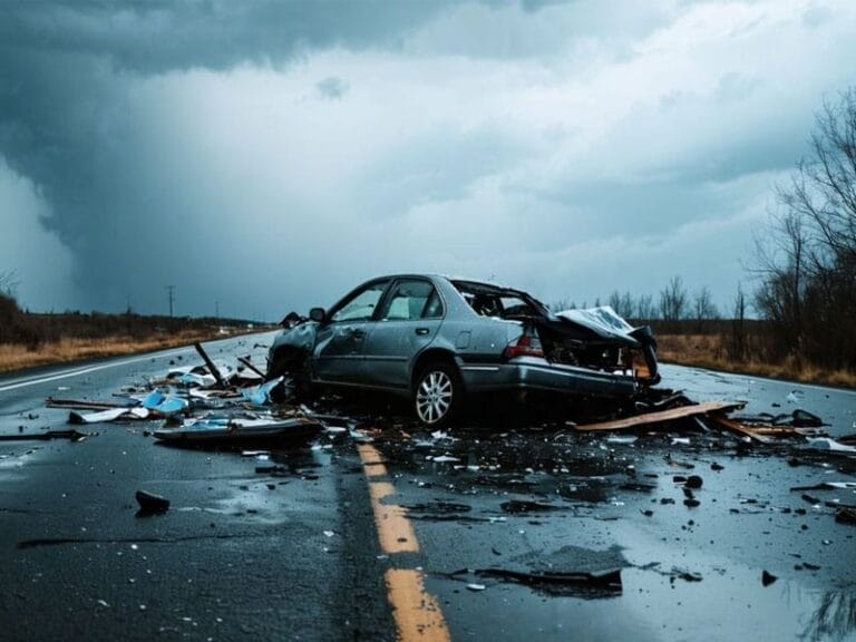 A severely damaged car sits amid debris on a wet road with a stormy sky in the background.