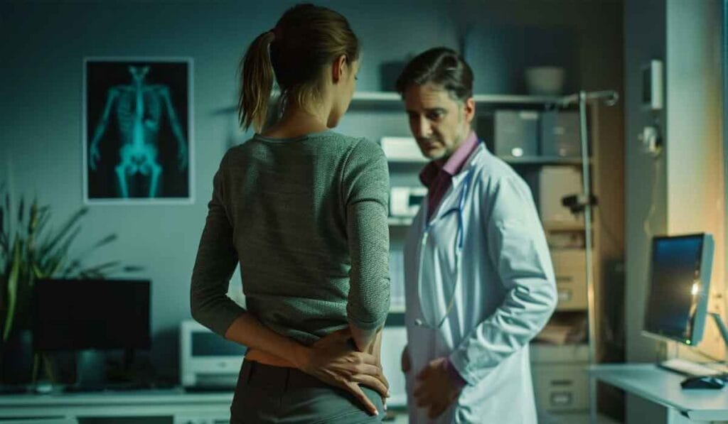 A woman holding her back speaks with a doctor in an examination room equipped with medical equipment and an X-ray image on the wall.