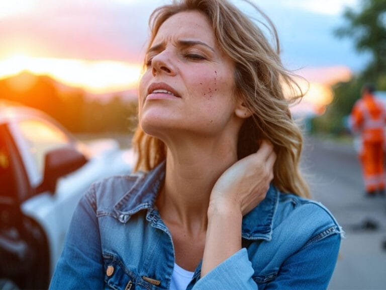 A woman with minor facial injuries and possible whiplash touches her neck, standing near a white car on a roadside at sunset while an emergency worker is visible in the background.