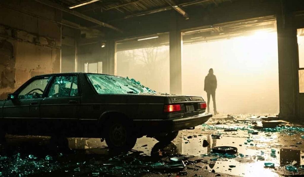 A person stands in the distance of a dimly lit, derelict building with shattered glass and a damaged car in the foreground.