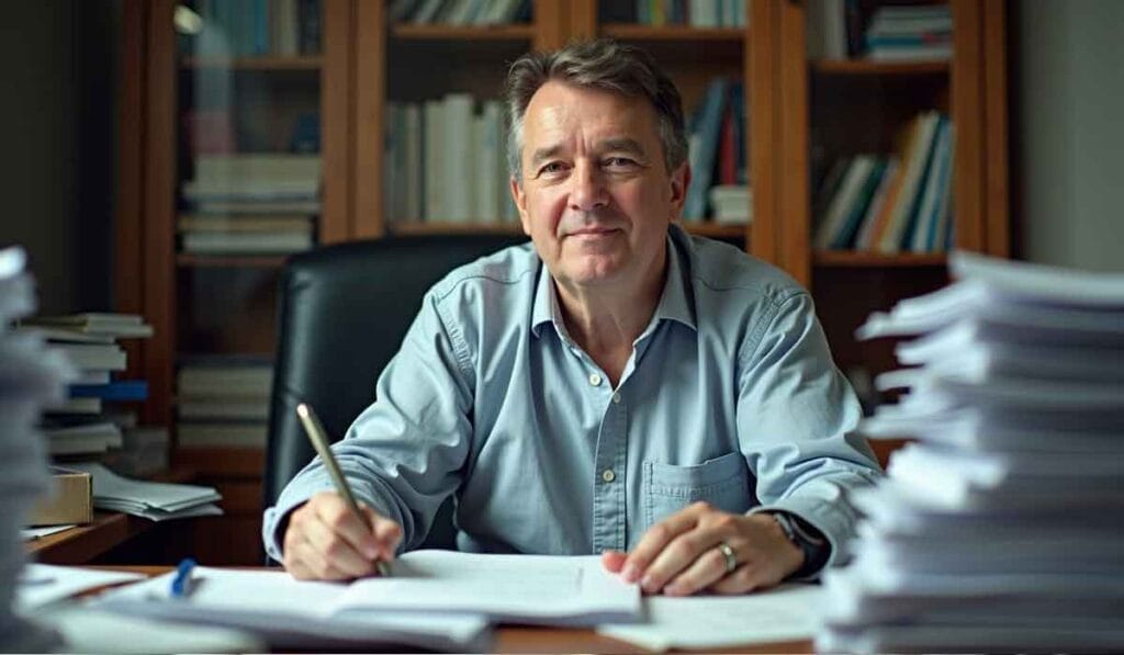 A man sits at a desk covered with stacks of papers, holding a pen and smiling. A bookshelf with books is visible in the background.