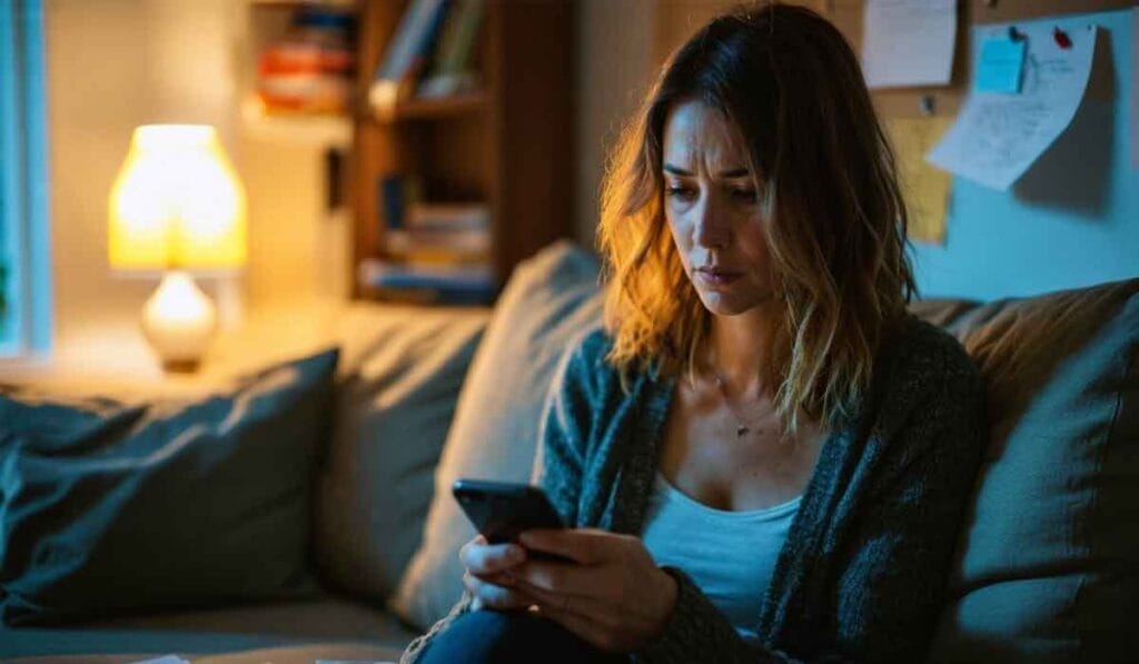 A woman with shoulder-length hair sits on a couch, looking at her smartphone with a concerned expression. A lamp and a bulletin board are in the background.