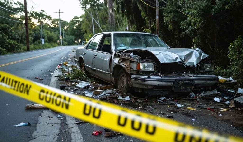 A damaged car is abandoned on the roadside, surrounded by debris and caution tape, with trees in the background.