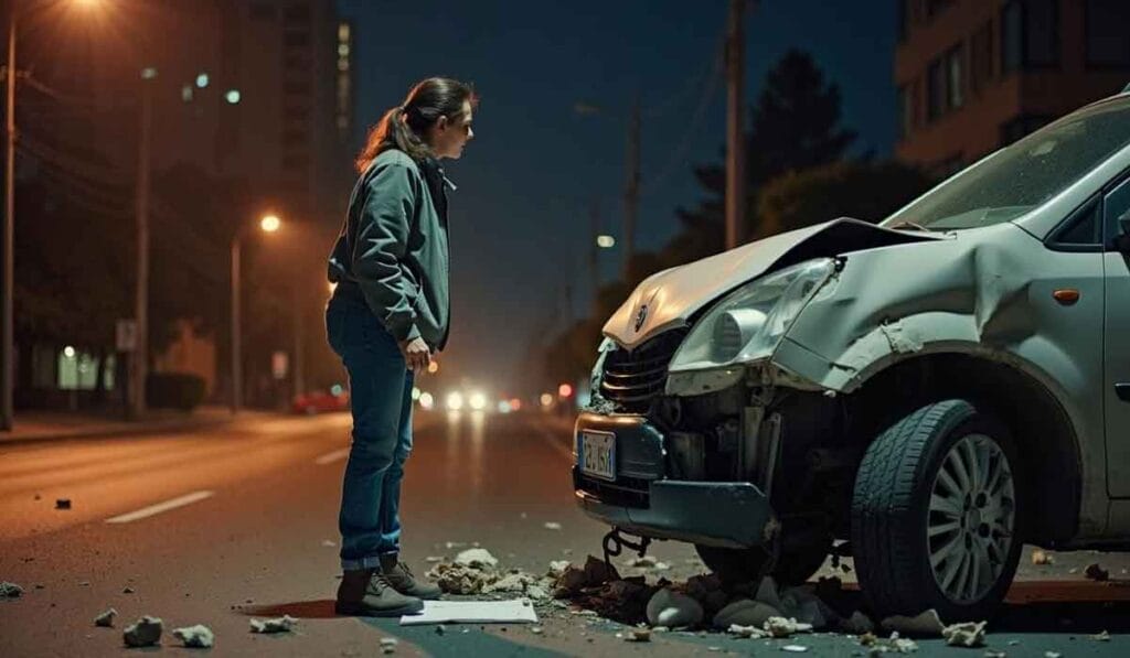 A woman stands next to a damaged car on a dimly lit street, examining the front-end damage, with scattered debris on the ground around the vehicle.