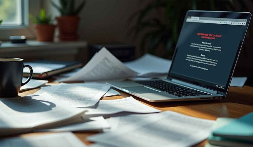 A cluttered desk with scattered papers, a coffee mug, and an open laptop displaying text on the screen. Sunlight filters through a nearby window, and potted plants are visible in the background.