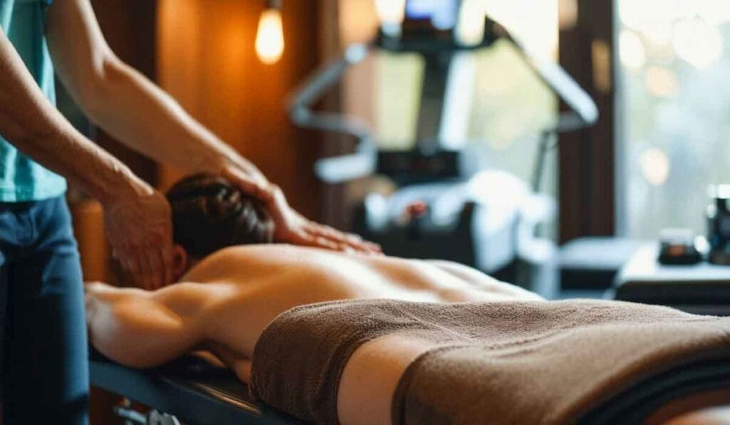 A person receiving a back massage in a warm, softly lit room.