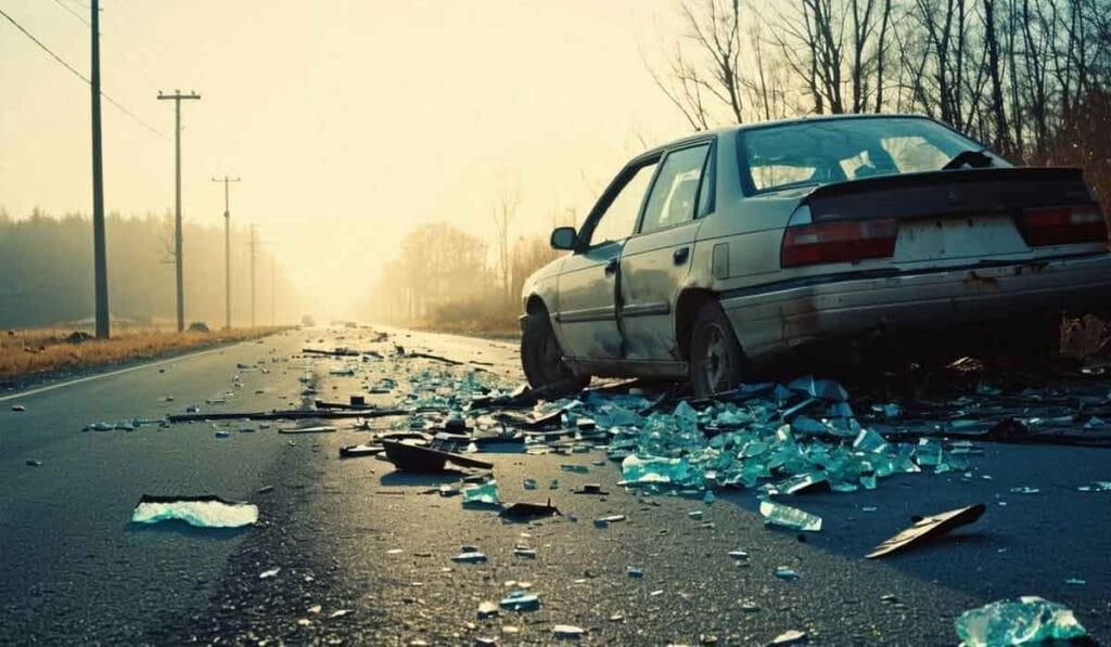 A damaged car is on the side of a deserted road surrounded by shattered glass and debris. Trees and power lines run parallel to the road under clear skies.