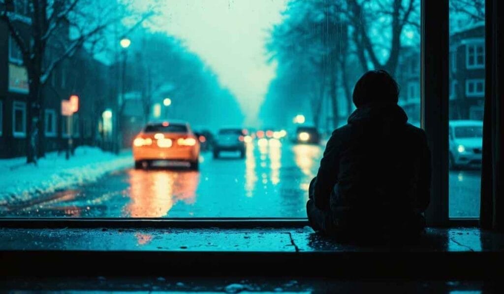 A person sits by a large window looking out at a street with cars and wet, snowy conditions at dusk.