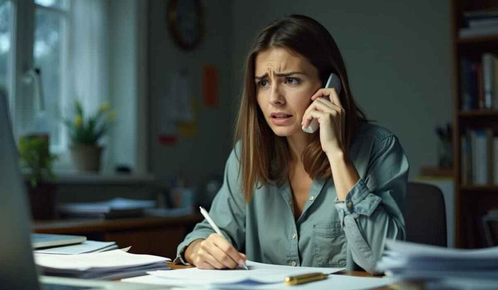 A woman in a green shirt is sitting at a desk cluttered with papers, holding a phone to her ear with a concerned expression.