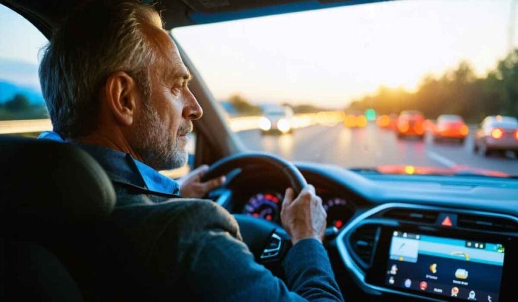 A man with gray hair and a beard drives a car along a busy highway at sunset, focusing on the road ahead.