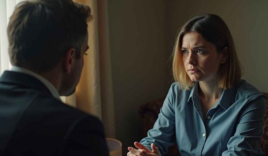 A woman with shoulder-length hair and a blue shirt sits across from a man in a suit, looking serious. They appear to be engaged in a conversation.