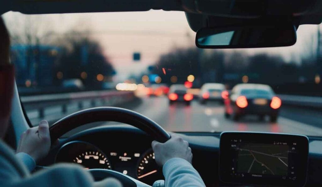 Person driving a car on a busy road at dusk, with the dashboard and navigation system visible inside the vehicle.