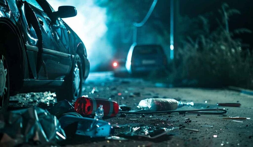 Two severely damaged cars are on a dimly lit road at night. Debris, including a shredded tire and plastic pieces, is scattered on the ground.