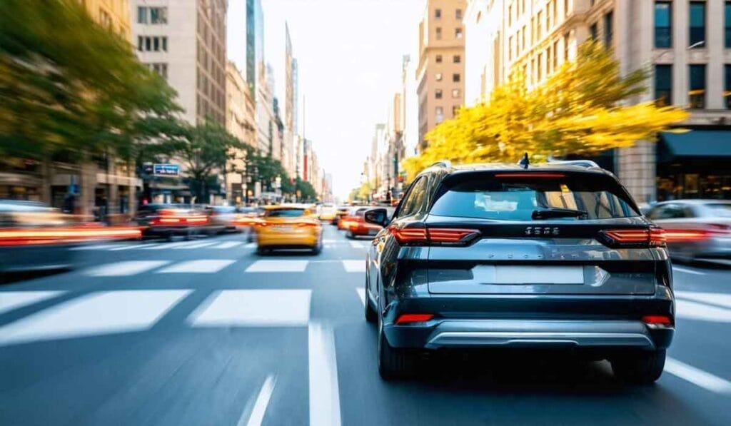 A black SUV drives down a busy city street with blurred cars and yellow cabs in the background, surrounded by tall buildings and trees.