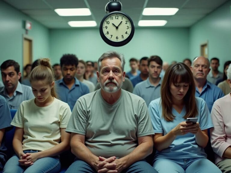 A group of people of various ages sit in a waiting room with a clock showing 10:10 hanging on the wall. Some appear bored or engaged with their phones. The room has a greenish hue.