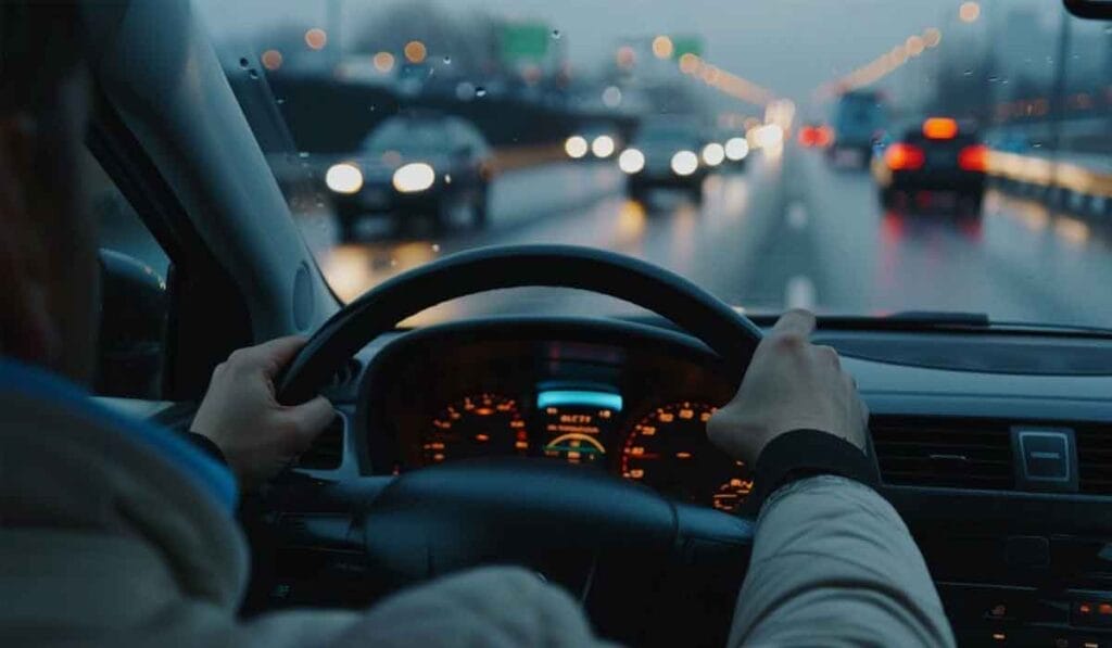 A person drives on a wet, dimly lit road at dusk, with blurred headlights from oncoming traffic visible through the windshield.