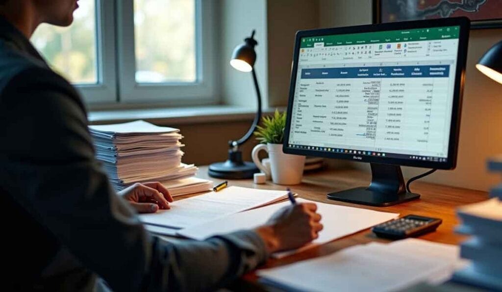 A person is working at a desk with a computer displaying a spreadsheet, surrounded by stacks of papers, a lamp, a calculator, and a coffee cup.