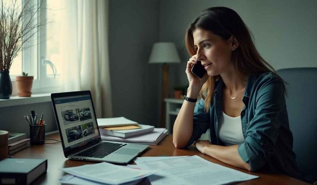 A woman sits at a desk by a window, talking on her phone while looking at her laptop. Papers and office supplies are scattered on the desk.