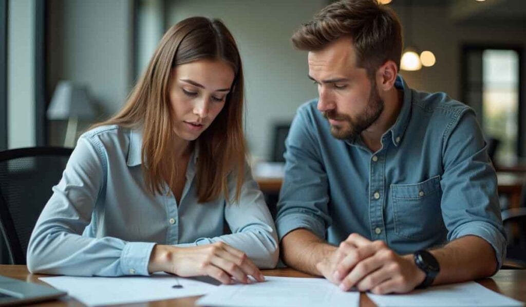 A man and woman, both in casual attire, sit at a table reviewing documents together. She points at a page while he looks on intently. They are in a well-lit room with large windows.