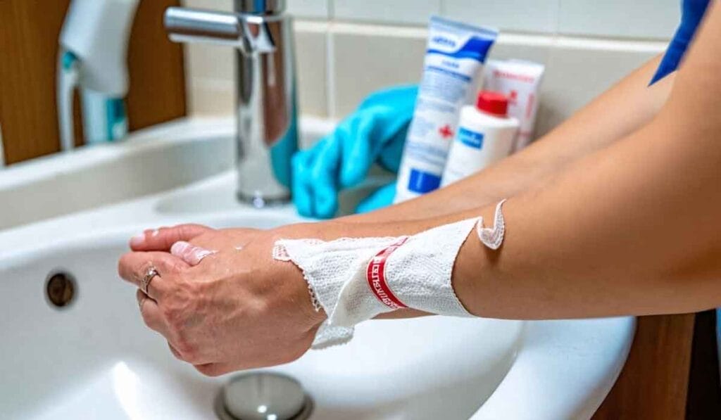 Person cleaning hands at a sink with a bandaged wrist and medical supplies in the background.