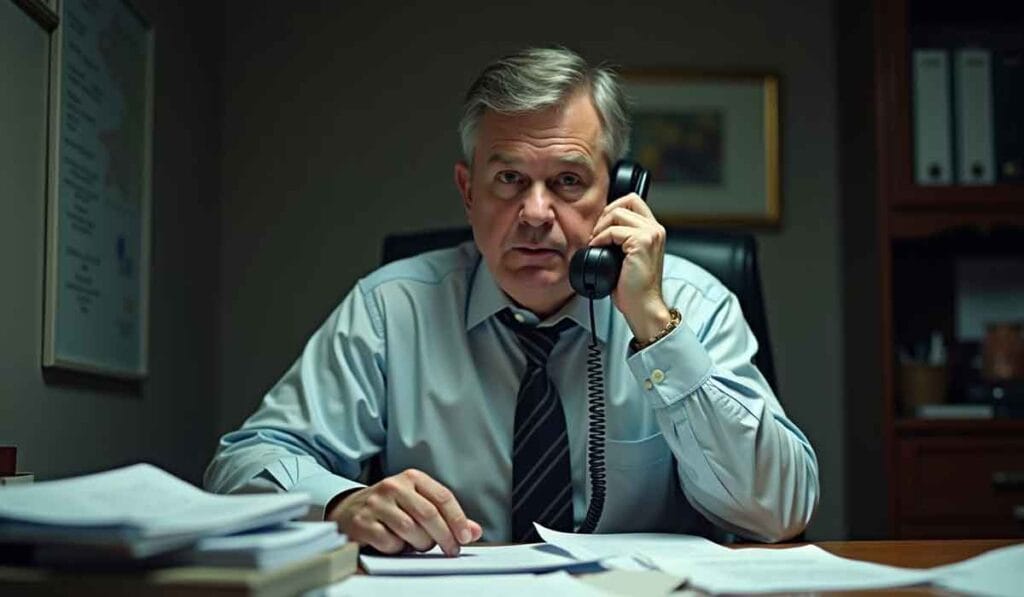 A man in a formal shirt and tie is sitting at a desk cluttered with papers, talking on a corded telephone in an office setting.