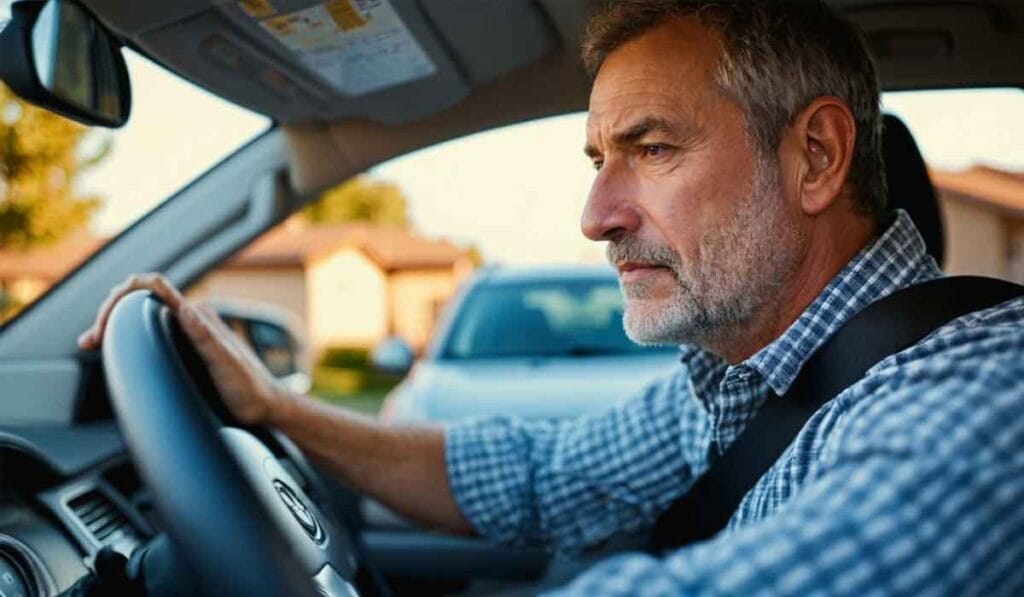 A man with grey hair and a beard, wearing a plaid shirt, drives a car with his hand on the steering wheel. The interior and exterior of the car are visible, including other parked cars and buildings.