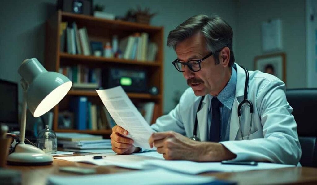 A doctor with a stethoscope around his neck is sitting at a desk, reading a document. Bookshelves filled with books are visible in the background.