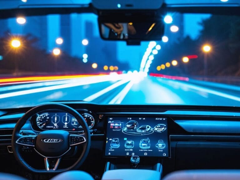 Interior view of a car at night, showing the dashboard with illuminated digital displays and a steering wheel, while driving on a road with blurred lights indicating speed.