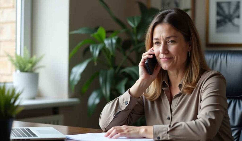 A woman in a beige shirt sits at a desk, talking on the phone. She has a laptop and papers in front of her, with plants in the background.