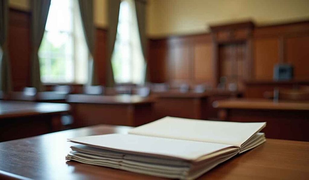 An empty courtroom with open books on a wooden table, hardwood fixtures, large windows, and green curtains.