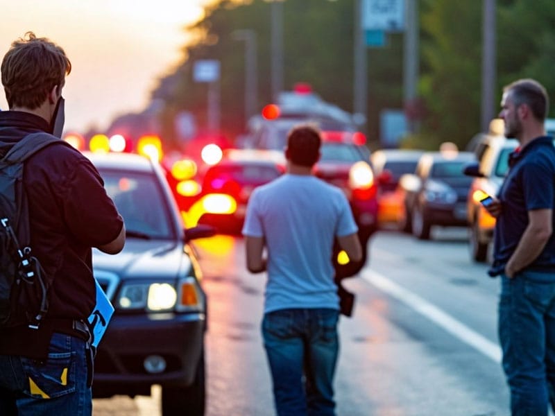 People stand near parked cars on a busy street with traffic and emergency lights in the background.