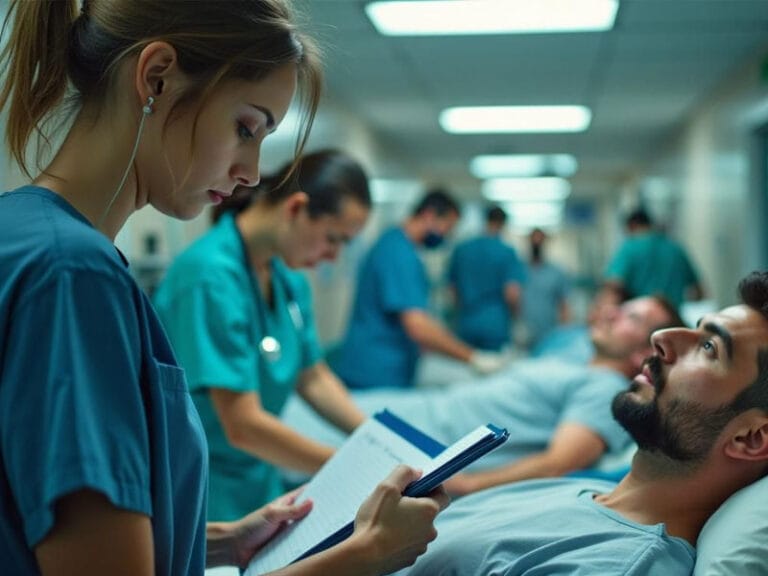 Personal médico atiende a pacientes en un pasillo concurrido de un hospital. Una enfermera sostiene un portapapeles y escucha las preocupaciones de un paciente mientras otros profesionales médicos trabajan en segundo plano.