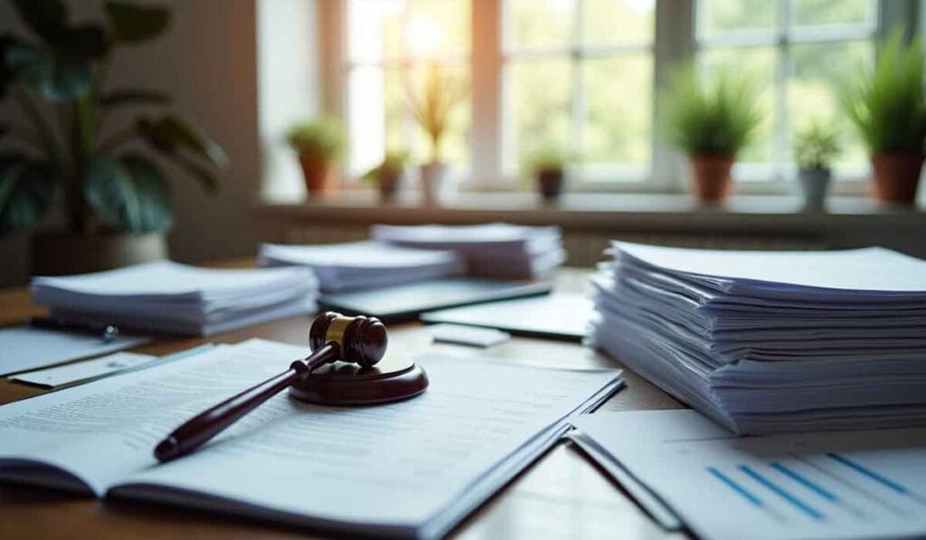 Stacks of documents and a gavel on a wooden desk in a well-lit office with potted plants by the window.