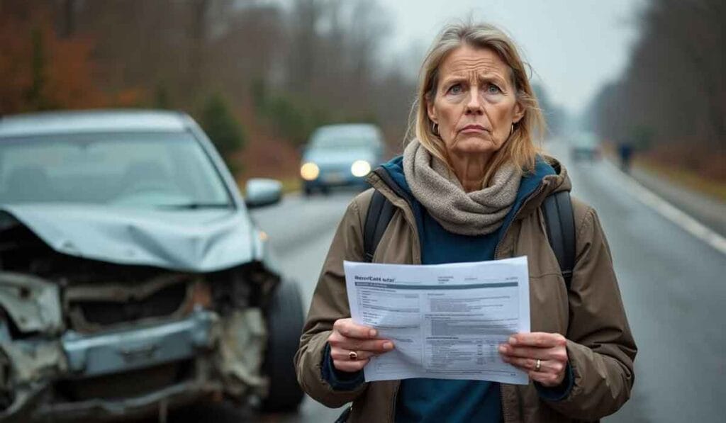 A middle-aged woman stands on a road holding paperwork with a damaged car in the background.