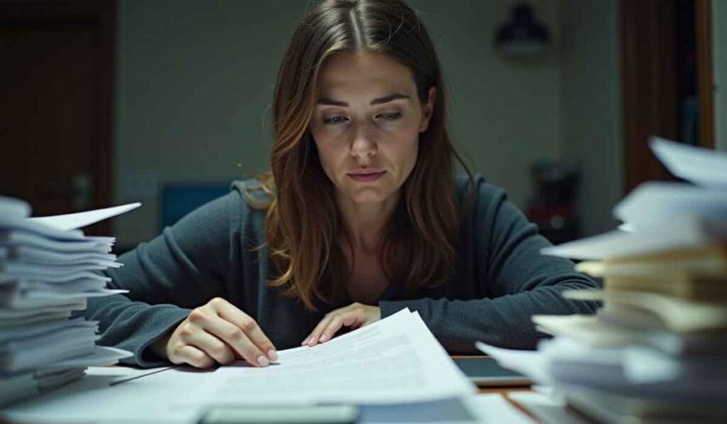 A woman sits at a desk, focused on reading a document, surrounded by stacks of papers.