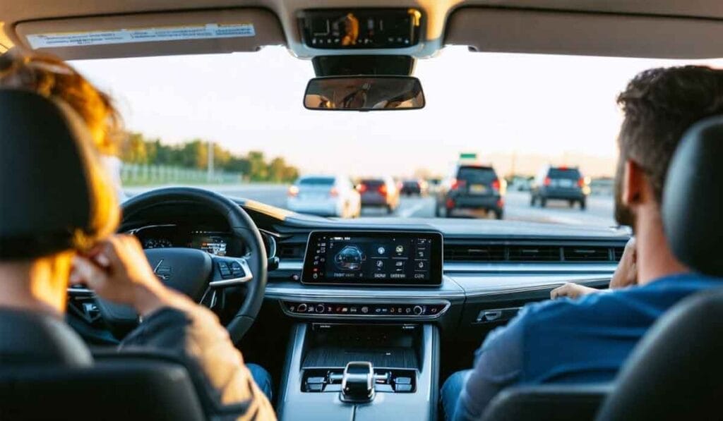 Two people are seated in a car, with one person driving. They are on a busy highway during daylight, following traffic. The dashboard shows a navigation screen.