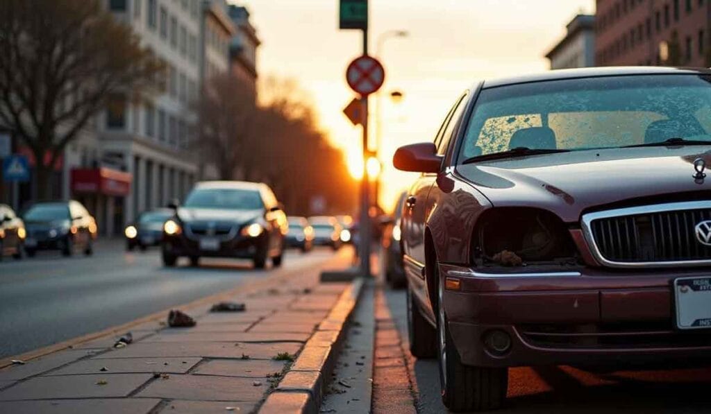 Street scene at sunset with cars parked along the curb and others driving. A maroon vehicle is in the foreground, with buildings and trees lining the road.