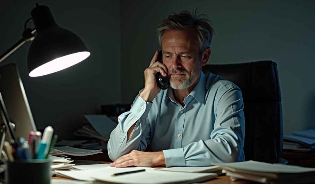 A man in a blue shirt speaks on the phone while sitting at a desk cluttered with papers, under a desk lamp.